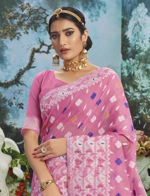 Beige woven cotton silk saree with blouse 2
