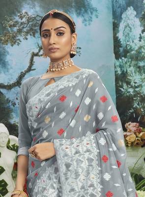 Grey woven cotton silk saree with blouse 2