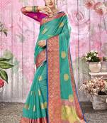 Turquoise woven cotton silk saree with blouse