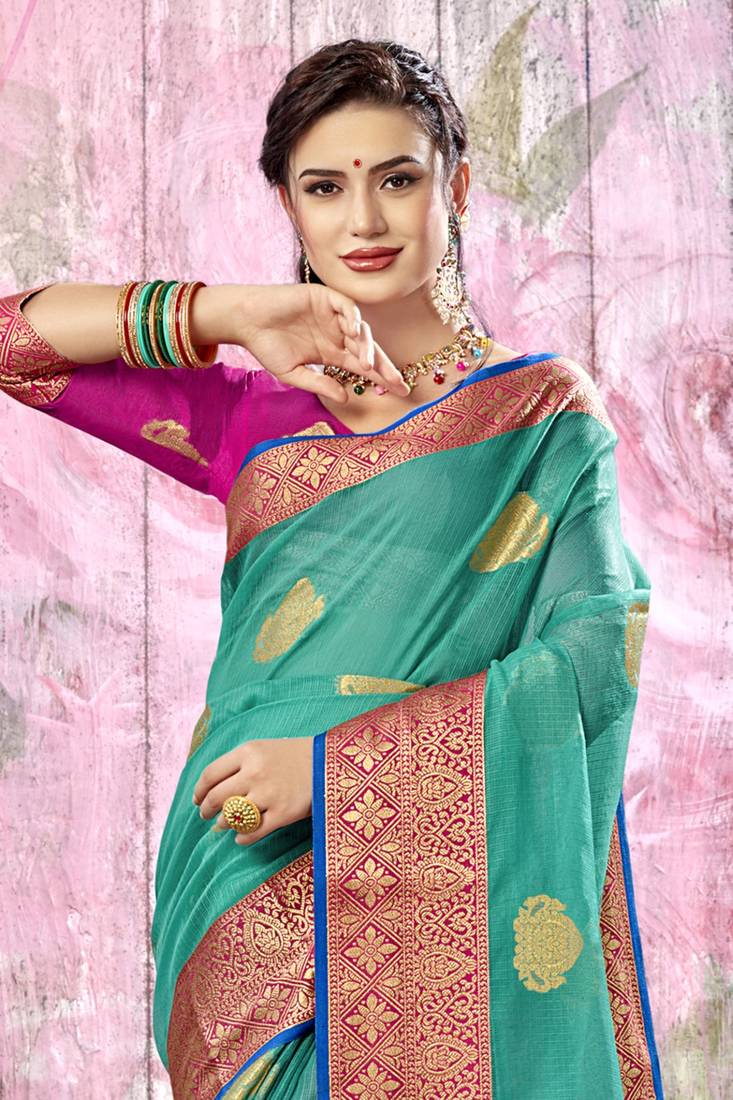 Women's Cotton Silk Turquoise Woven Design Designer Saree With Blouse Piece