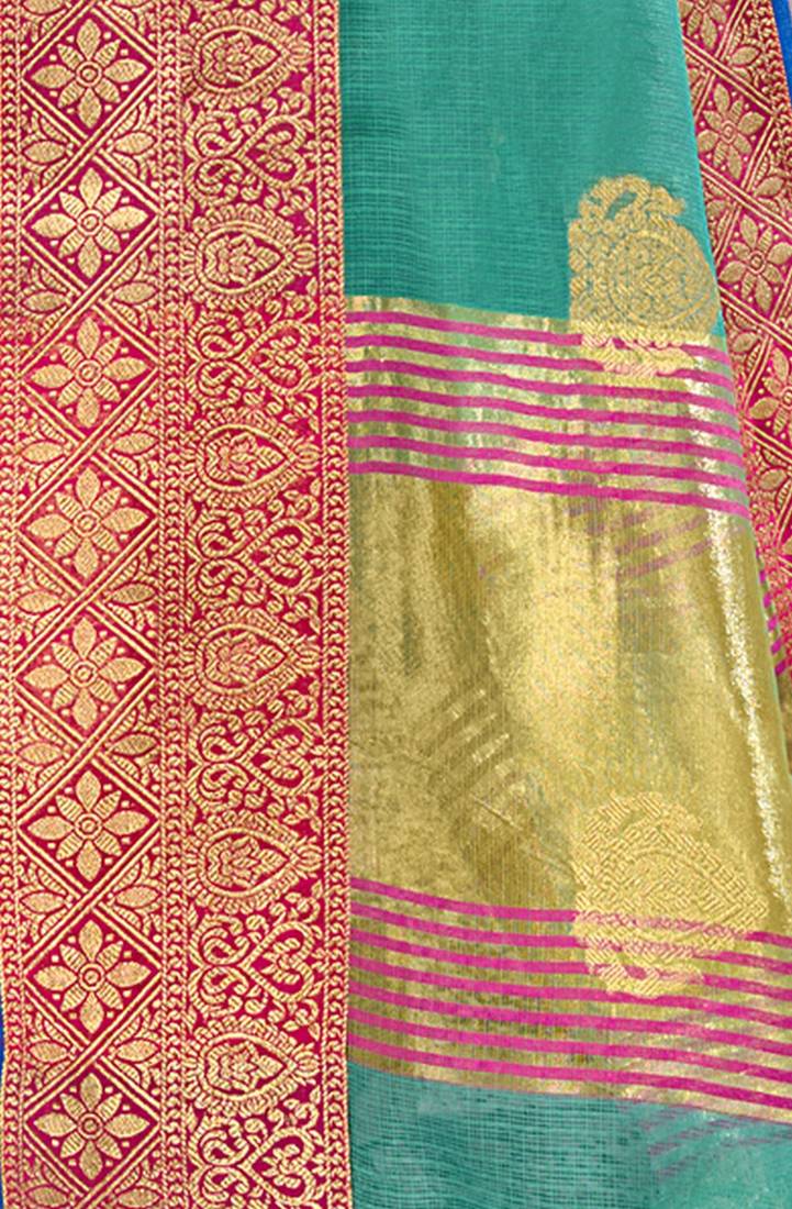 Turquoise woven cotton silk saree with blouse