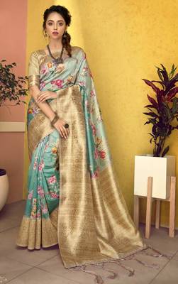 Green printed art silk saree with blouse 1