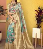 Green printed art silk saree with blouse