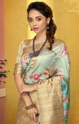 Green printed art silk saree with blouse 2