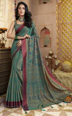 Dark green printed brasso saree with blouse 1