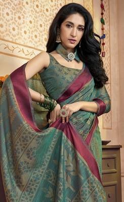 Dark green printed brasso saree with blouse 2