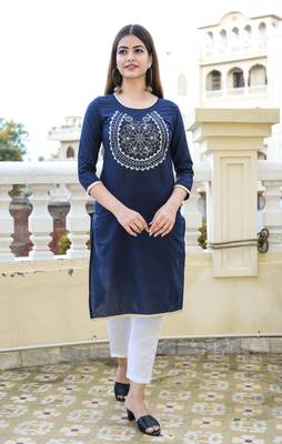 Navy Embroidered Cotton Straight Kurti 1