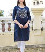 Navy Embroidered Cotton Straight Kurti