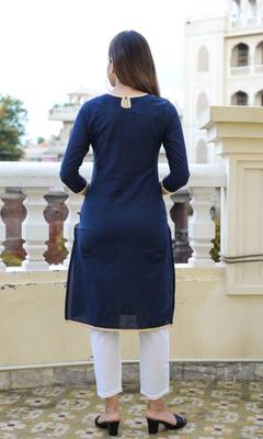 Navy Embroidered Cotton Straight Kurti 2