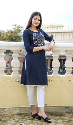 Navy Embroidered Cotton Straight Kurti 3