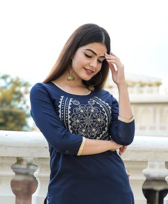 Navy Embroidered Cotton Straight Kurti 4