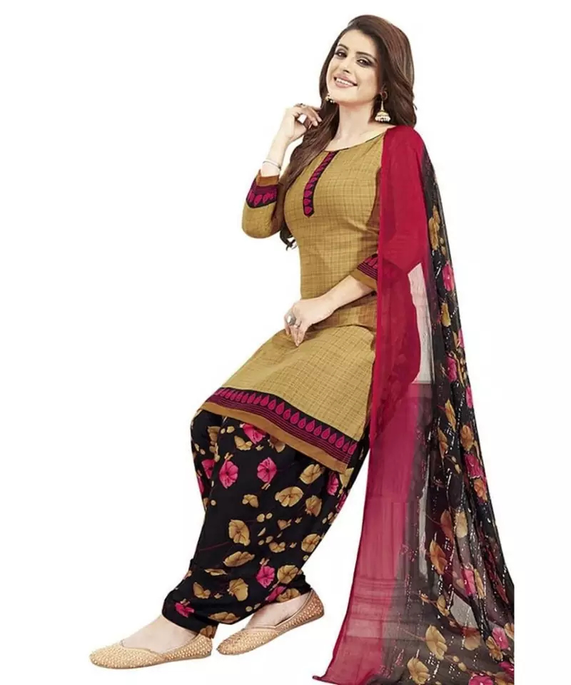 beige printed crepe unstitched salwar with dupatta