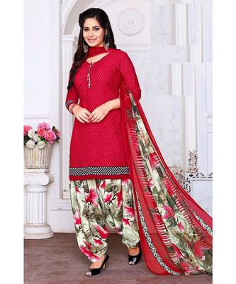 red printed crepe unstitched salwar with dupatta 1