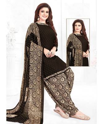 brown printed crepe unstitched salwar with dupatta 1