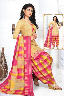 beige printed crepe unstitched salwar with dupatta