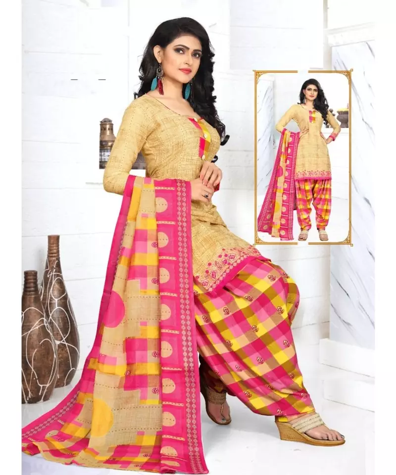beige printed crepe unstitched salwar with dupatta