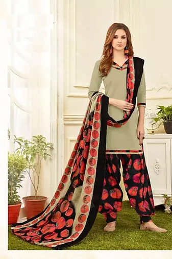 beige printed crepe unstitched salwar with dupatta