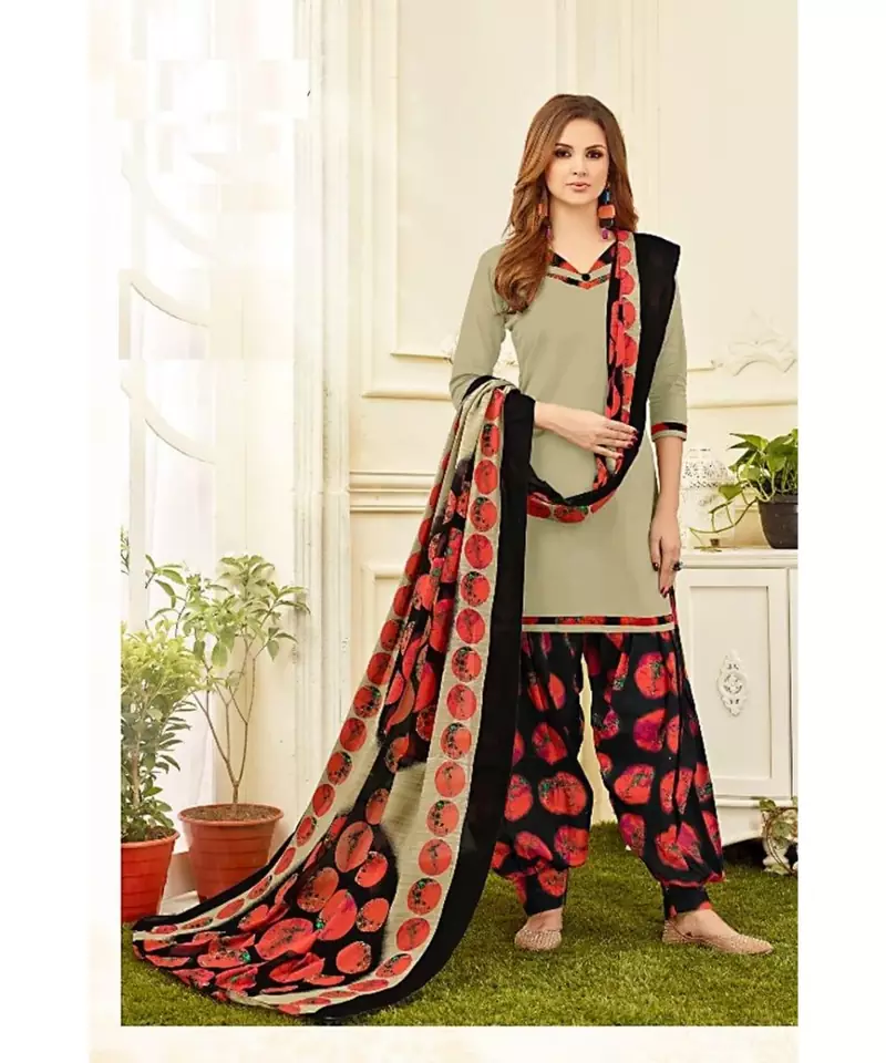 beige printed crepe unstitched salwar with dupatta