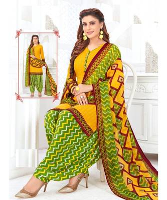 yellow printed crepe unstitched salwar with dupatta 1