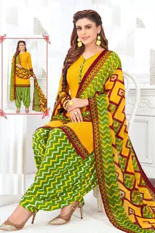 yellow printed crepe unstitched salwar with dupatta
