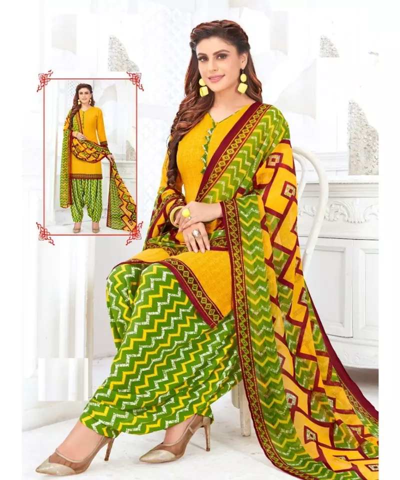 yellow printed crepe unstitched salwar with dupatta