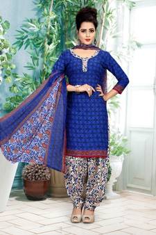 blue printed crepe unstitched salwar with dupatta