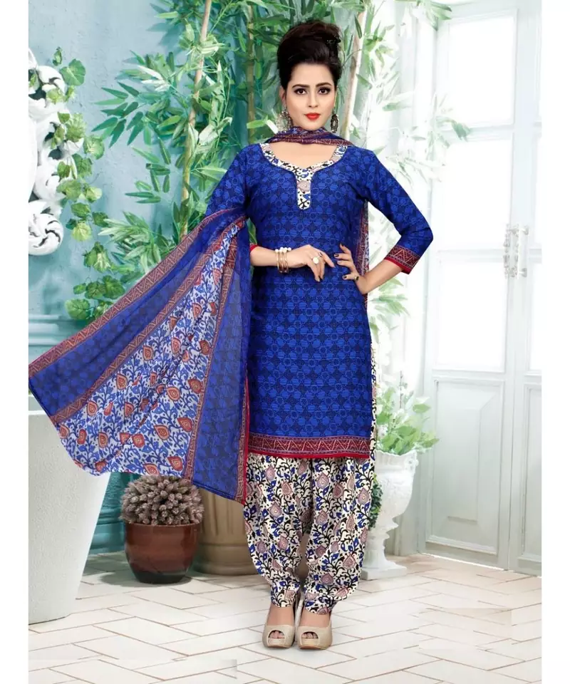 blue printed crepe unstitched salwar with dupatta