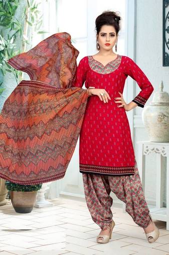 red printed crepe unstitched salwar with dupatta