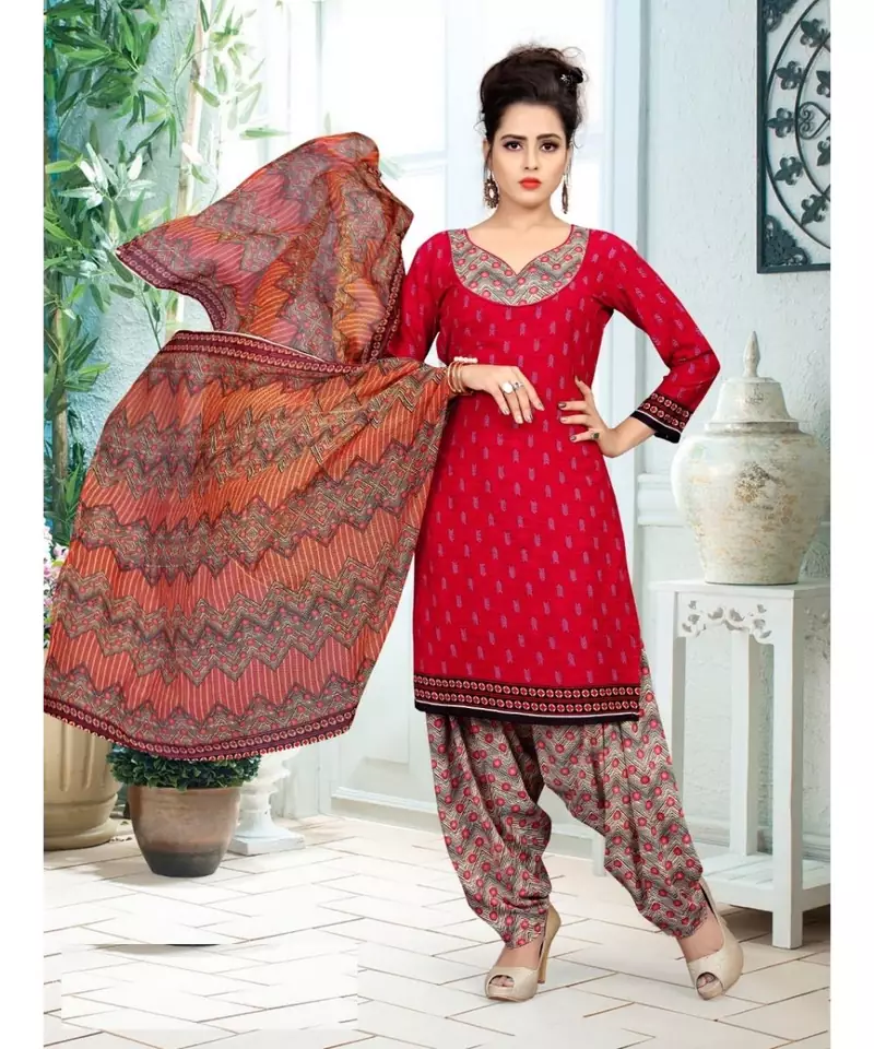 red printed crepe unstitched salwar with dupatta