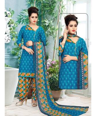 blue printed crepe unstitched salwar with dupatta 1