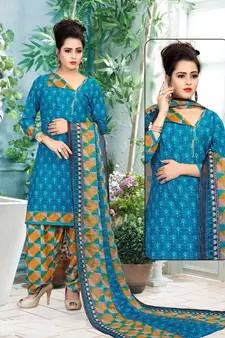 blue printed crepe unstitched salwar with dupatta