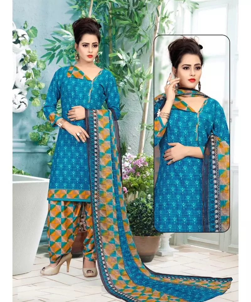 blue printed crepe unstitched salwar with dupatta