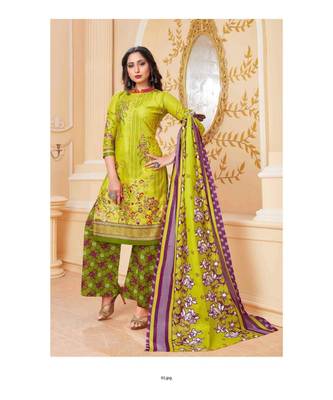 green printed cotton unstitched salwar with dupatta 1
