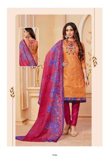 orange printed cotton unstitched salwar with dupatta