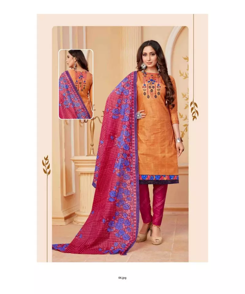 orange printed cotton unstitched salwar with dupatta
