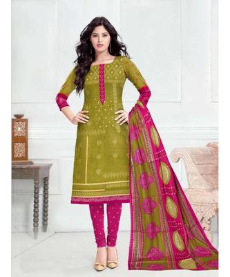 green printed cotton unstitched salwar with dupatta 1