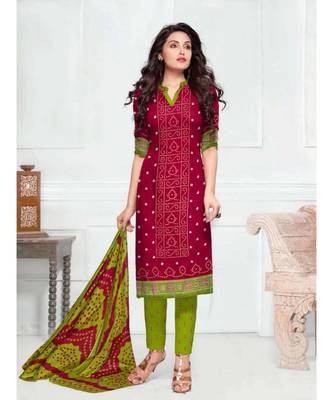 red printed cotton unstitched salwar with dupatta 1