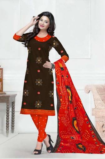 brown printed cotton unstitched salwar with dupatta