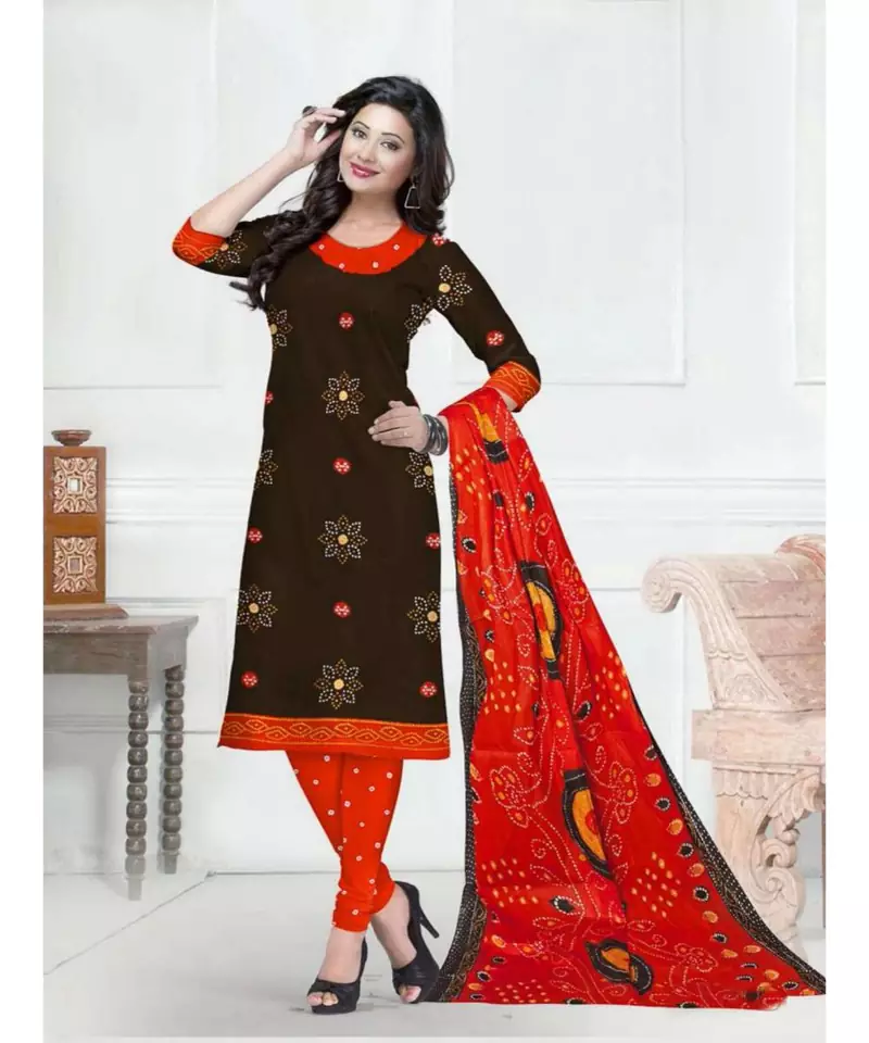 brown printed cotton unstitched salwar with dupatta
