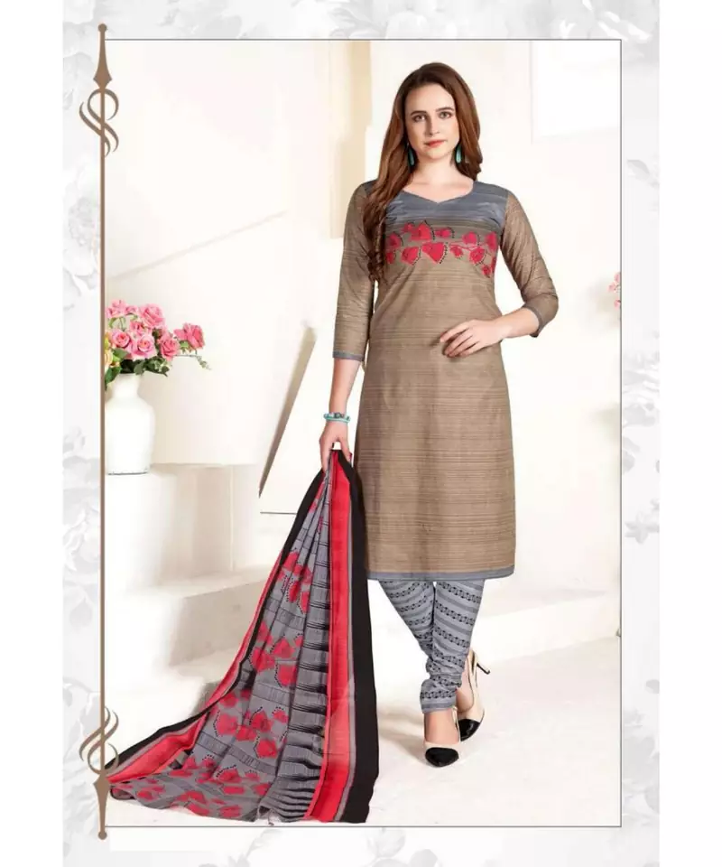 beige printed cotton unstitched salwar with dupatta