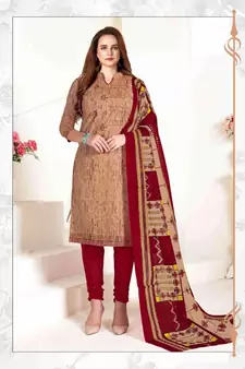 beige printed cotton unstitched salwar with dupatta