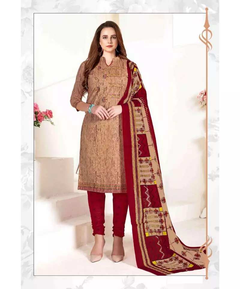 beige printed cotton unstitched salwar with dupatta