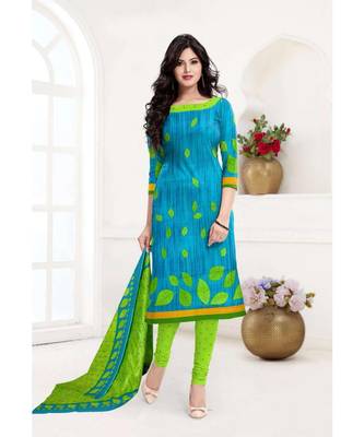 blue printed cotton unstitched salwar with dupatta 1