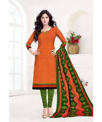 orange printed cotton unstitched salwar with dupatta 1