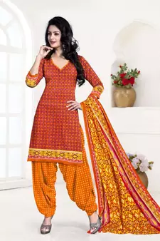 orange printed cotton unstitched salwar with dupatta