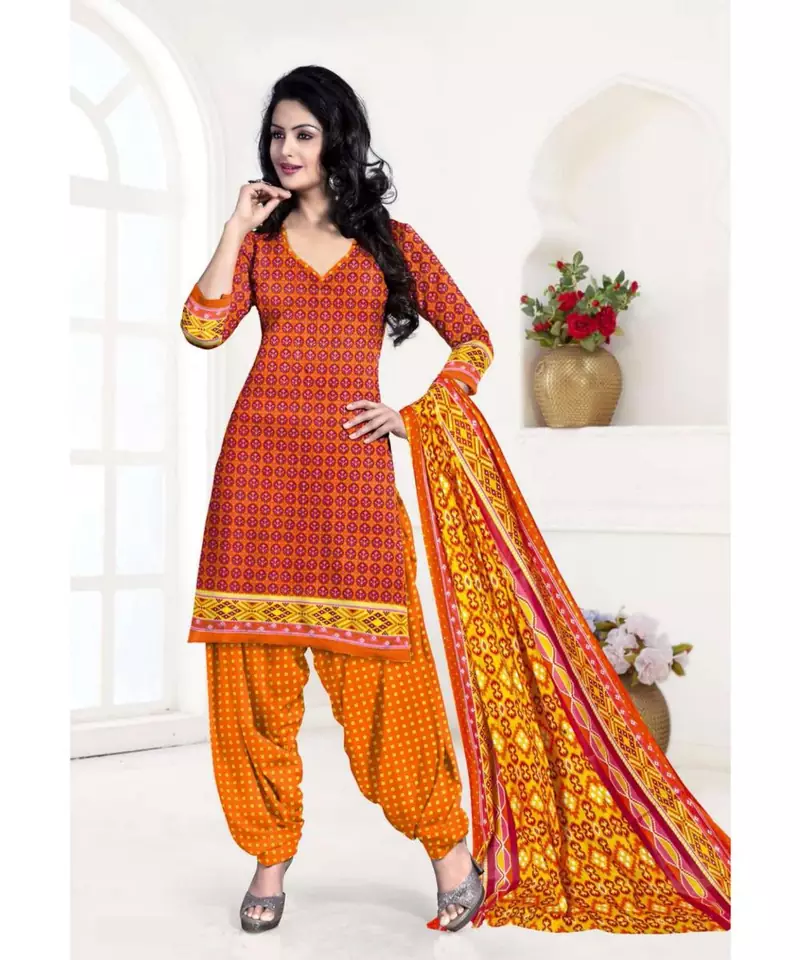 orange printed cotton unstitched salwar with dupatta