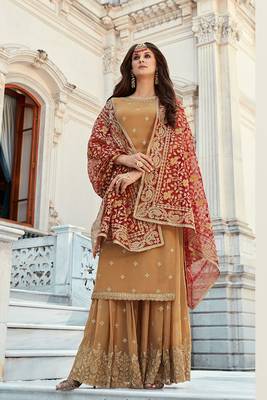 beige embroidered georgette semi stitched sharara 1