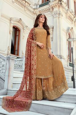 beige embroidered georgette semi stitched sharara 3