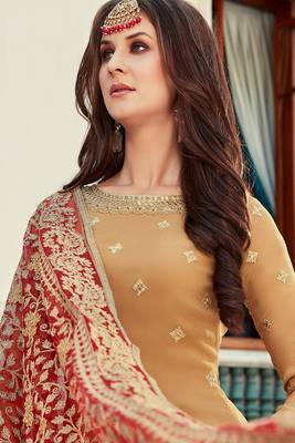 beige embroidered georgette semi stitched sharara 4