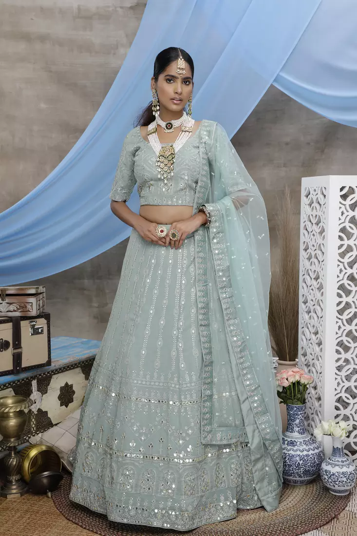 Green embroidered georgette Semi Stitched bridal lehenga